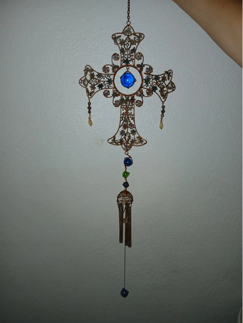Long Cross Wind Chime with blue bead Ornament Home Decor